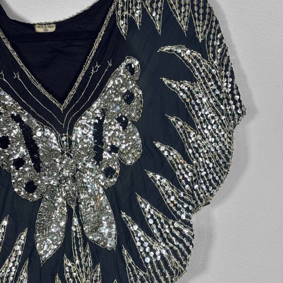 Vintage Silk Butterfly Sequin Top Black & Silver Women’s Size M New Years Eve - Picture 4 of 15